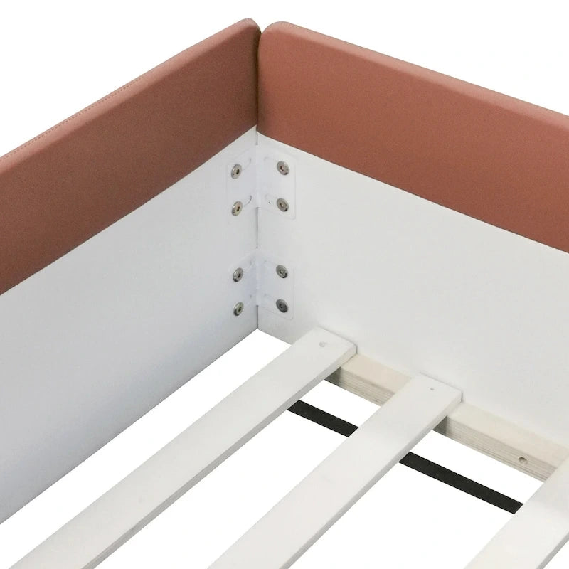 Kinder-Bodenbett mit Gitter, gepolstertes Tagesbettgestell aus PU, Holzbett mit Lattenrost und kleiner Treppe für Mädchen und Jungen