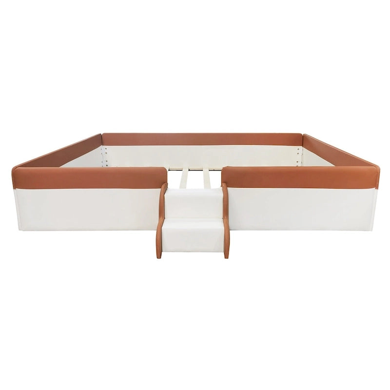 Kinder-Bodenbett mit Gitter, gepolstertes Tagesbettgestell aus PU, Holzbett mit Lattenrost und kleiner Treppe für Mädchen und Jungen