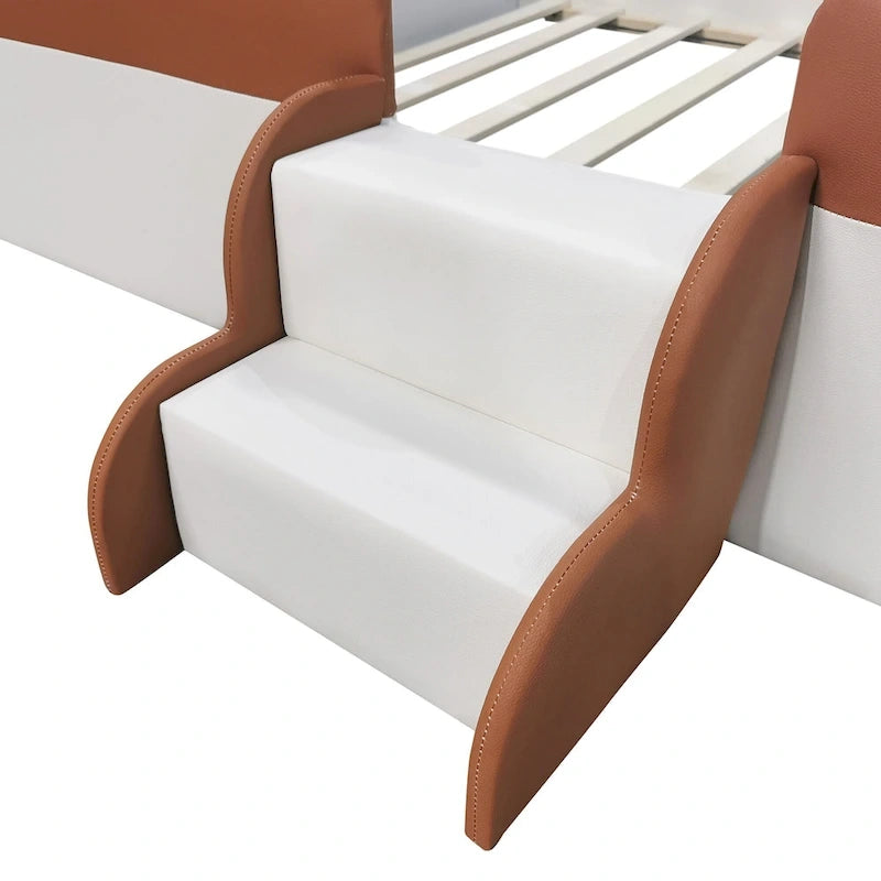Kinder-Bodenbett mit Gitter, gepolstertes Tagesbettgestell aus PU, Holzbett mit Lattenrost und kleiner Treppe für Mädchen und Jungen