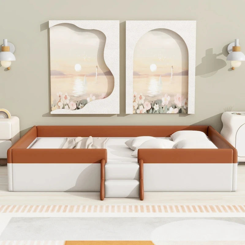 Kinder-Bodenbett mit Gitter, gepolstertes Tagesbettgestell aus PU, Holzbett mit Lattenrost und kleiner Treppe für Mädchen und Jungen
