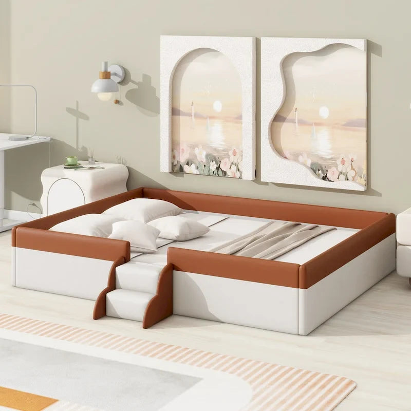 Kinder-Bodenbett mit Gitter, gepolstertes Tagesbettgestell aus PU, Holzbett mit Lattenrost und kleiner Treppe für Mädchen und Jungen