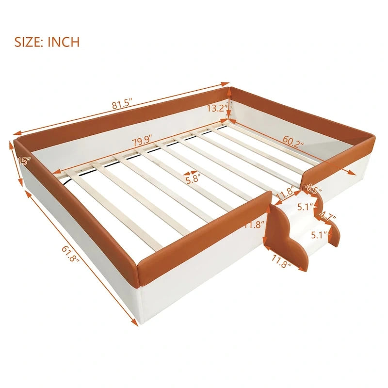 Kinder-Bodenbett mit Gitter, gepolstertes Tagesbettgestell aus PU, Holzbett mit Lattenrost und kleiner Treppe für Mädchen und Jungen