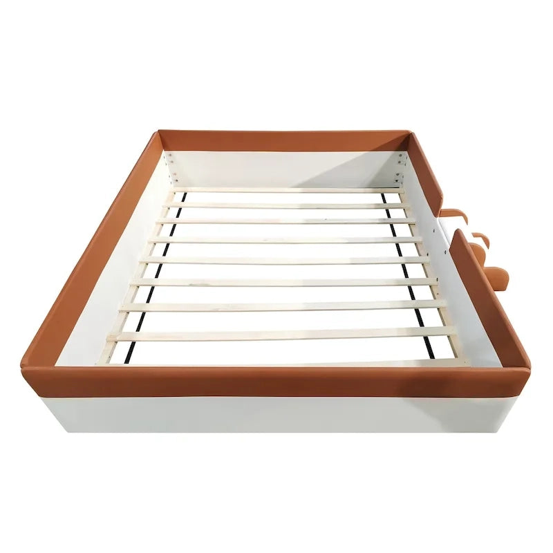 Kinder-Bodenbett mit Gitter, gepolstertes Tagesbettgestell aus PU, Holzbett mit Lattenrost und kleiner Treppe für Mädchen und Jungen
