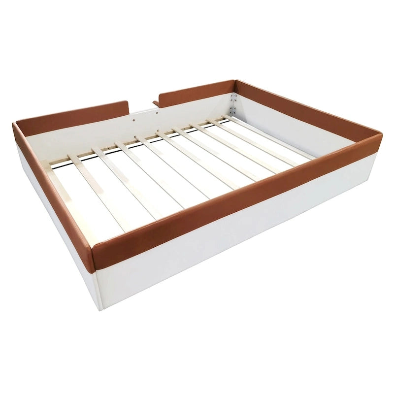 Kinder-Bodenbett mit Gitter, gepolstertes Tagesbettgestell aus PU, Holzbett mit Lattenrost und kleiner Treppe für Mädchen und Jungen