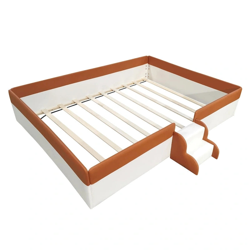 Kinder-Bodenbett mit Gitter, gepolstertes Tagesbettgestell aus PU, Holzbett mit Lattenrost und kleiner Treppe für Mädchen und Jungen
