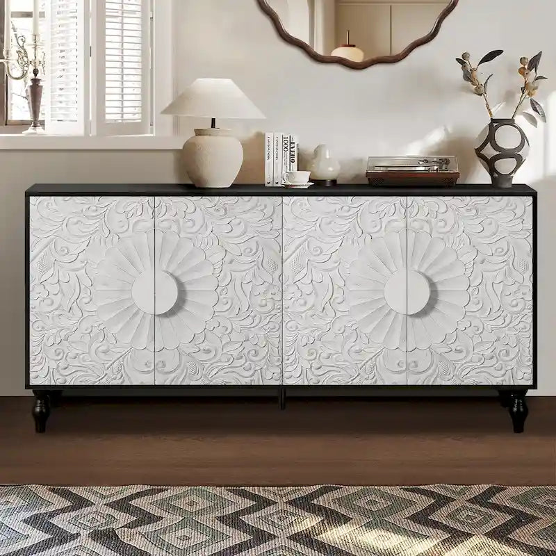 Meuble TV d’appoint de 62,99 pouces avec portes à motifs sculptés, étagère de rangement et pieds en bois massif pour le salon