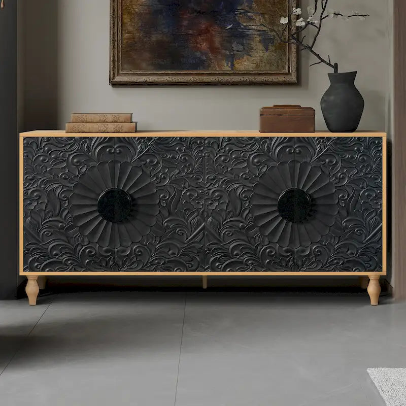 Mueble para TV decorativo de 62.99 con puerta de diseño tallado, estante de almacenamiento y patas de madera maciza para la sala de estar