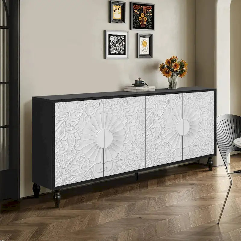 Mueble para TV decorativo de 62.99 con puerta de diseño tallado, estante de almacenamiento y patas de madera maciza para la sala de estar