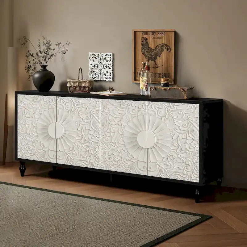 Meuble TV d’appoint de 62,99 pouces avec portes à motifs sculptés, étagère de rangement et pieds en bois massif pour le salon