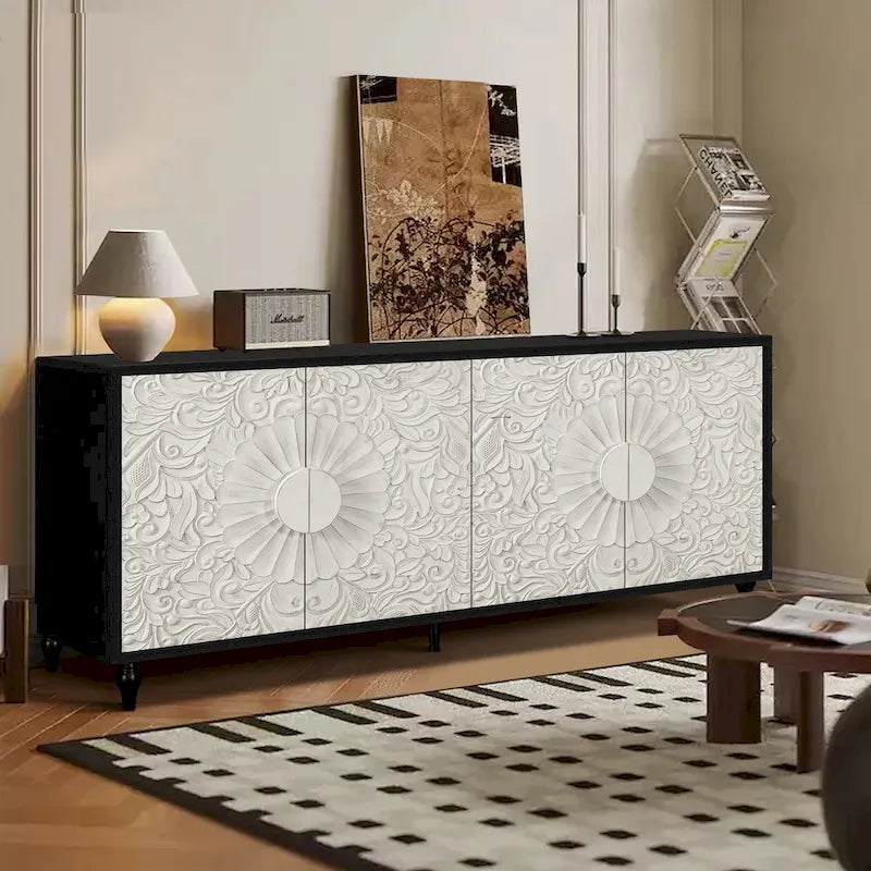 Mueble para TV decorativo de 62.99 con puerta de diseño tallado, estante de almacenamiento y patas de madera maciza para la sala de estar