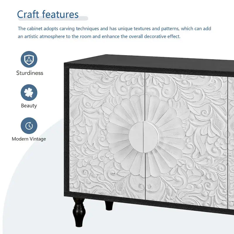 Meuble TV d’appoint de 62,99 pouces avec portes à motifs sculptés, étagère de rangement et pieds en bois massif pour le salon