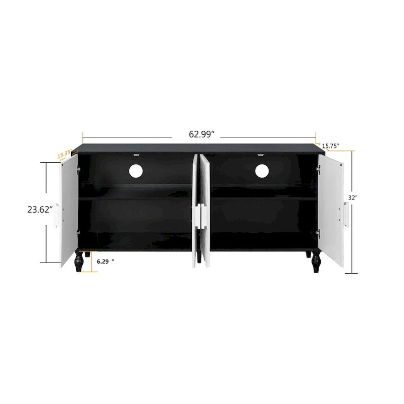 Meuble TV d’appoint de 62,99 pouces avec portes à motifs sculptés, étagère de rangement et pieds en bois massif pour le salon