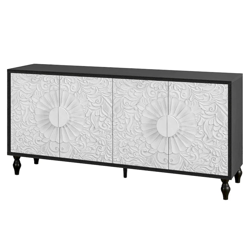 Meuble TV d’appoint de 62,99 pouces avec portes à motifs sculptés, étagère de rangement et pieds en bois massif pour le salon