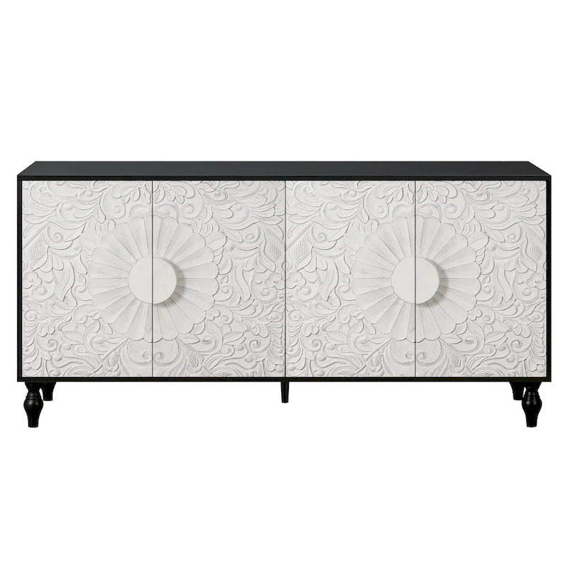 Meuble TV d’appoint de 62,99 pouces avec portes à motifs sculptés, étagère de rangement et pieds en bois massif pour le salon