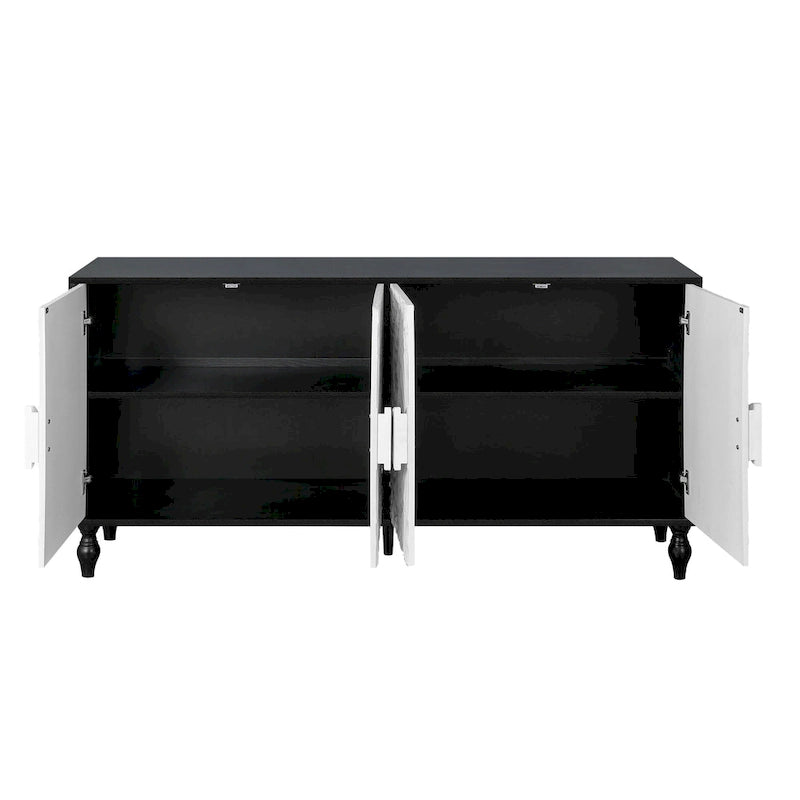 Meuble TV d’appoint de 62,99 pouces avec portes à motifs sculptés, étagère de rangement et pieds en bois massif pour le salon