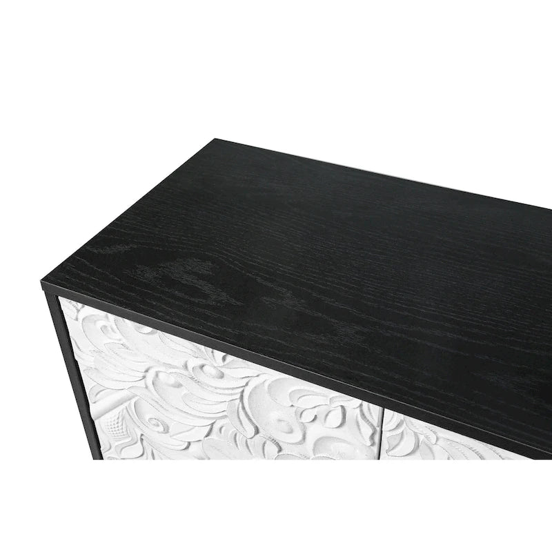 Meuble TV d’appoint de 62,99 pouces avec portes à motifs sculptés, étagère de rangement et pieds en bois massif pour le salon
