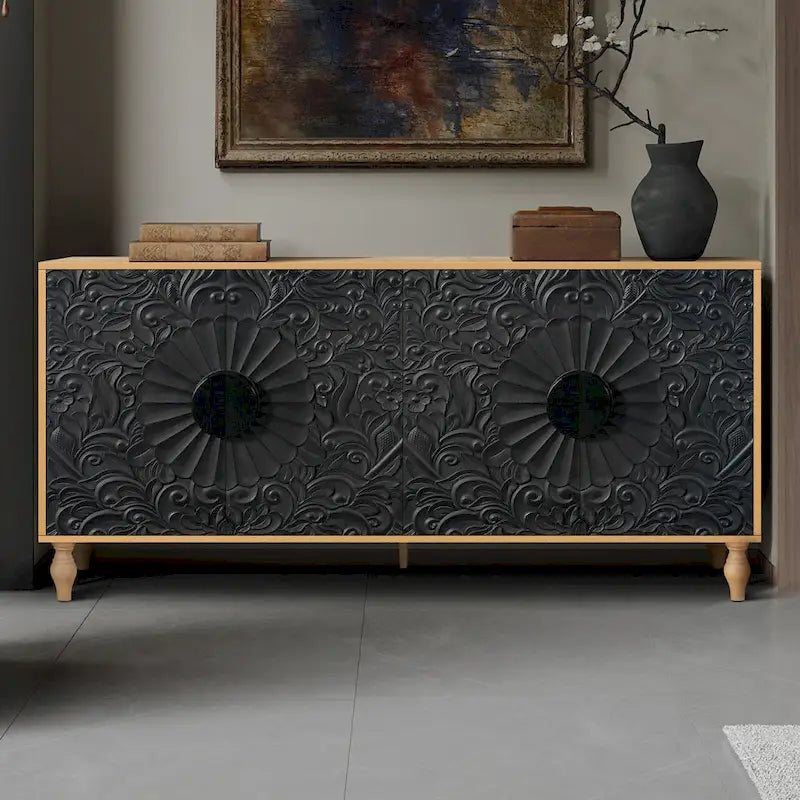 Meuble TV d’appoint de 62,99 pouces avec portes à motifs sculptés, étagère de rangement et pieds en bois massif pour le salon