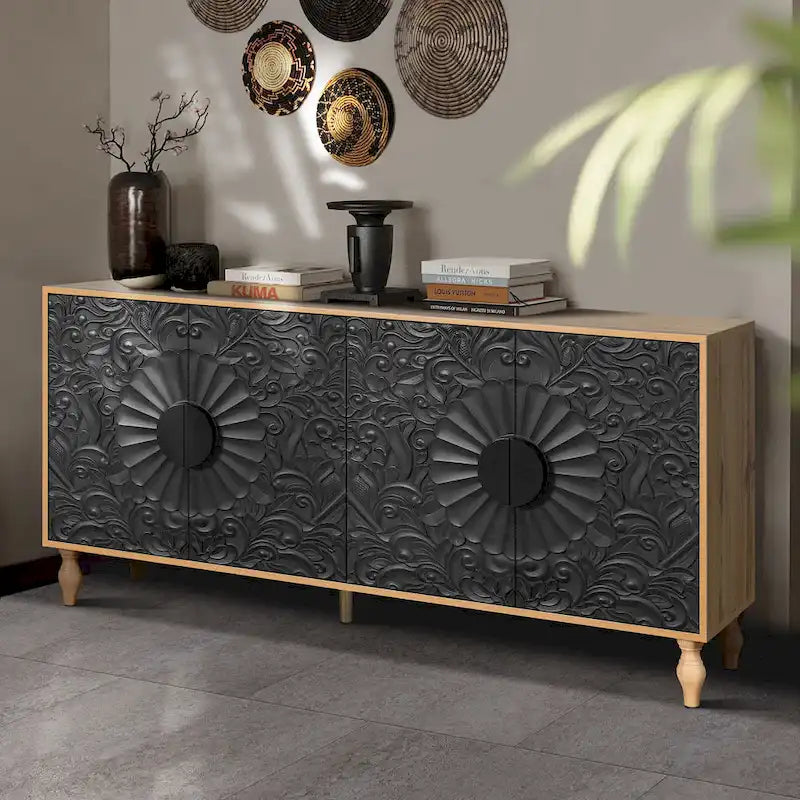 Meuble TV d’appoint de 62,99 pouces avec portes à motifs sculptés, étagère de rangement et pieds en bois massif pour le salon