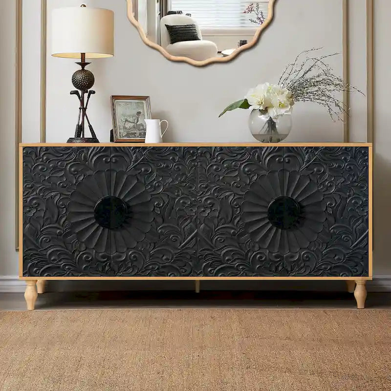 Meuble TV d’appoint de 62,99 pouces avec portes à motifs sculptés, étagère de rangement et pieds en bois massif pour le salon