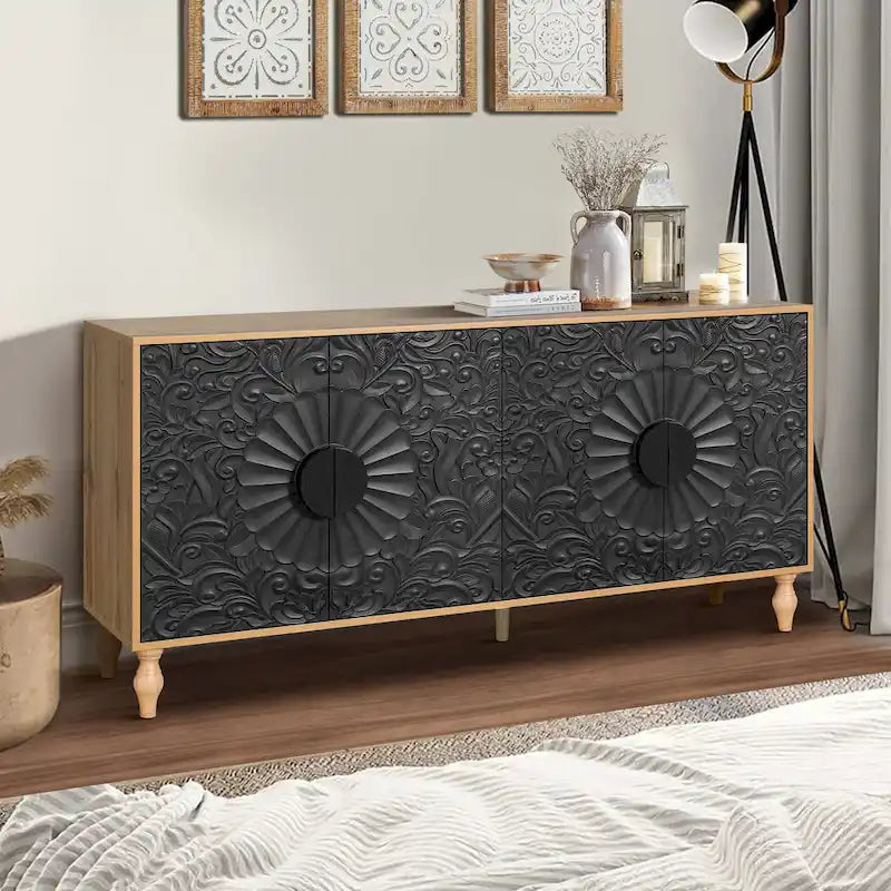 Meuble TV d’appoint de 62,99 pouces avec portes à motifs sculptés, étagère de rangement et pieds en bois massif pour le salon