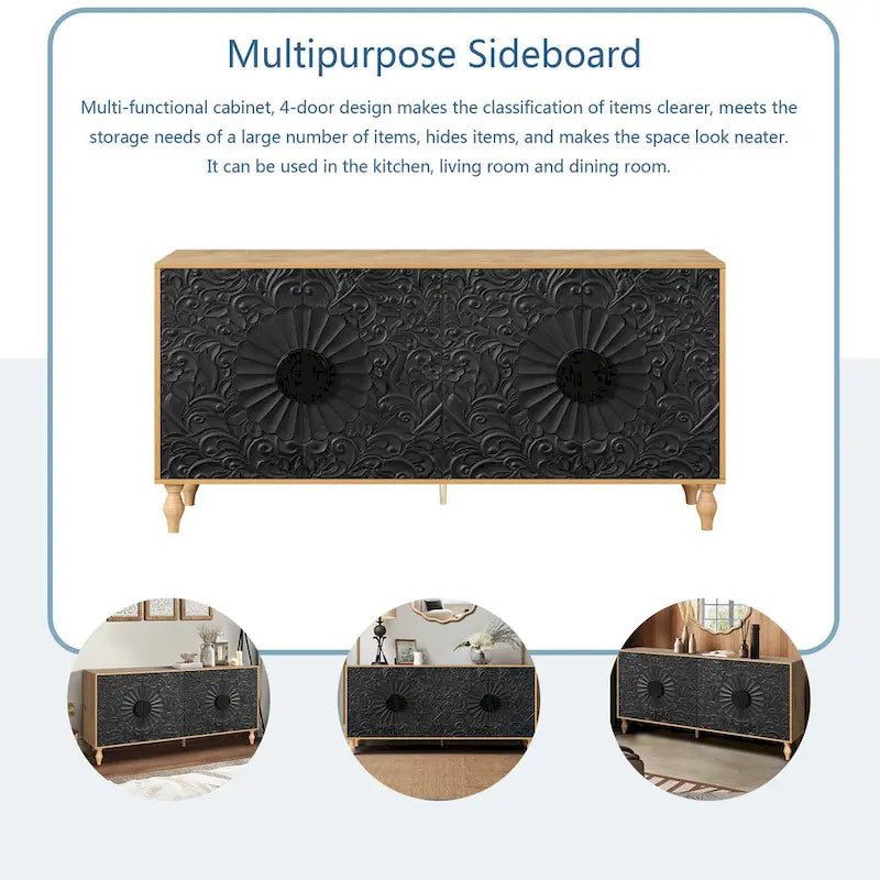 Meuble TV d’appoint de 62,99 pouces avec portes à motifs sculptés, étagère de rangement et pieds en bois massif pour le salon