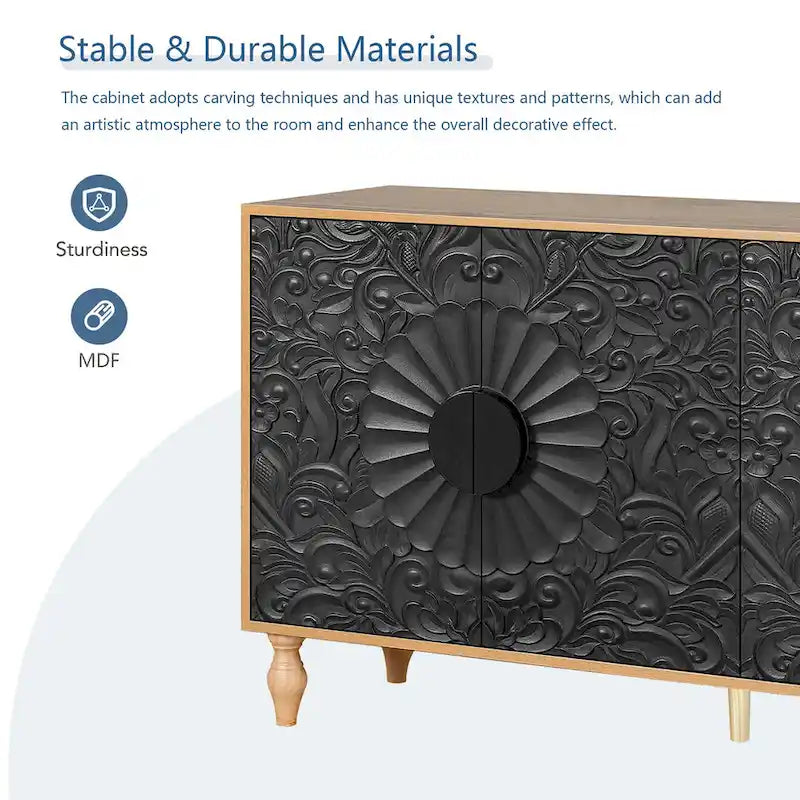 Meuble TV d’appoint de 62,99 pouces avec portes à motifs sculptés, étagère de rangement et pieds en bois massif pour le salon