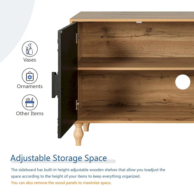 Meuble TV d’appoint de 62,99 pouces avec portes à motifs sculptés, étagère de rangement et pieds en bois massif pour le salon