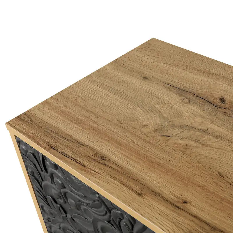Meuble TV d’appoint de 62,99 pouces avec portes à motifs sculptés, étagère de rangement et pieds en bois massif pour le salon