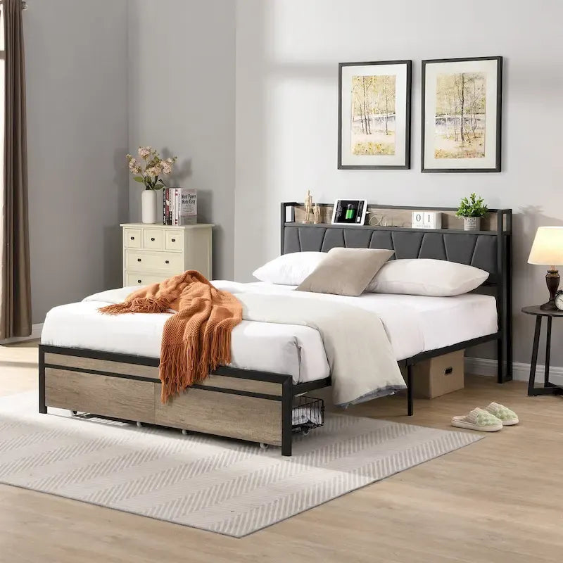 Cama metálica negra y gris de tamaño completo con cabecero tapizado con almacenamiento y USB