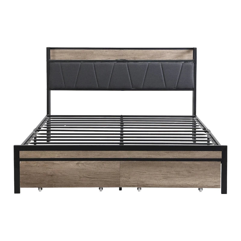 Cama metálica negra y gris de tamaño completo con cabecero tapizado con almacenamiento y USB