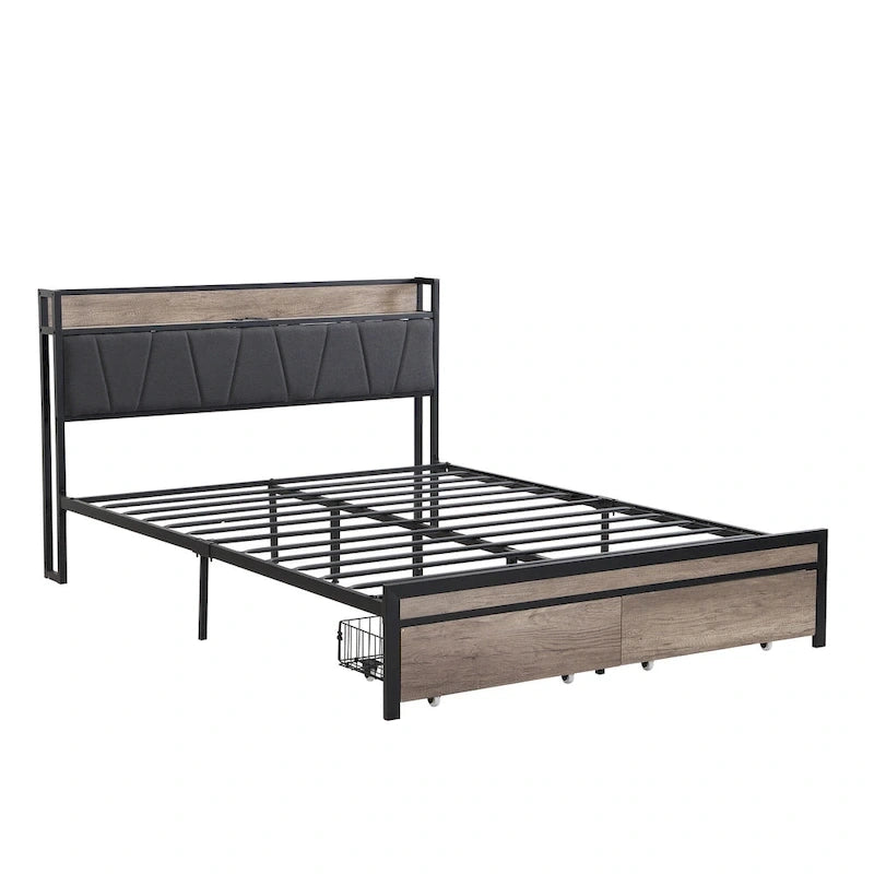 Cama metálica negra y gris de tamaño completo con cabecero tapizado con almacenamiento y USB