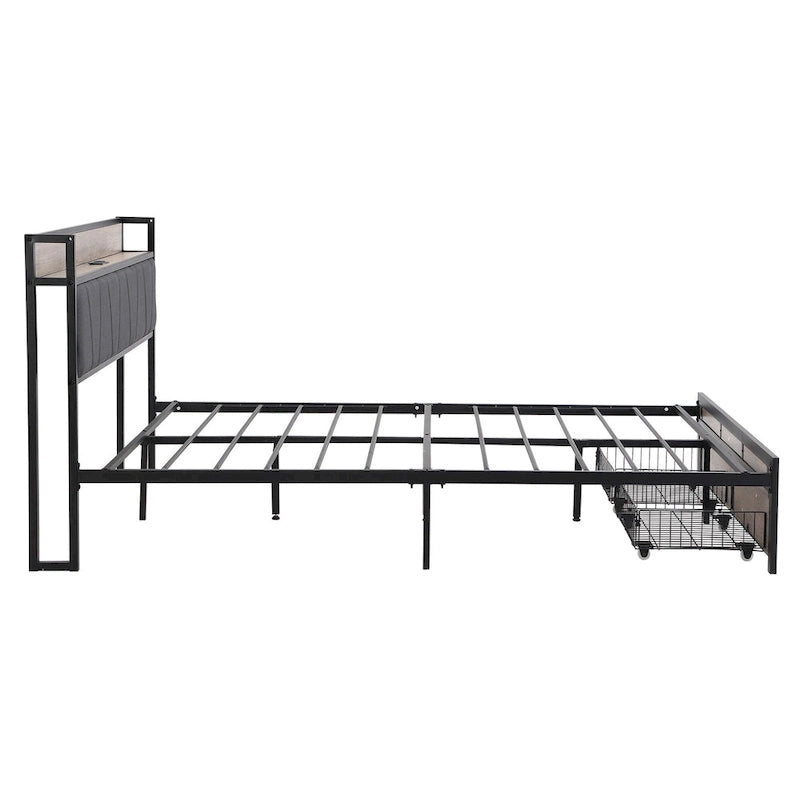Cama metálica negra y gris de tamaño completo con cabecero tapizado con almacenamiento y USB