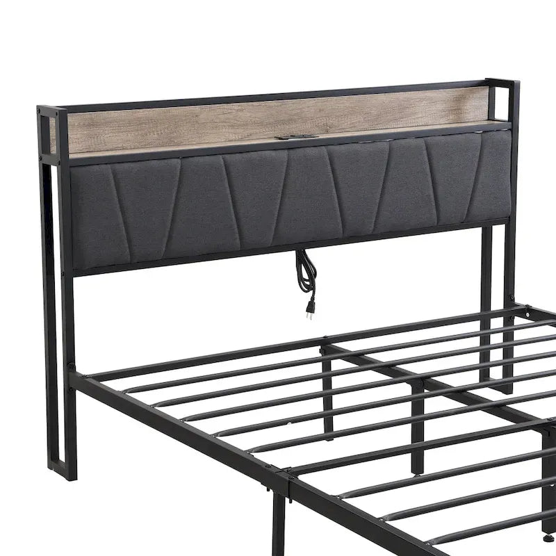 Cama metálica negra y gris de tamaño completo con cabecero tapizado con almacenamiento y USB