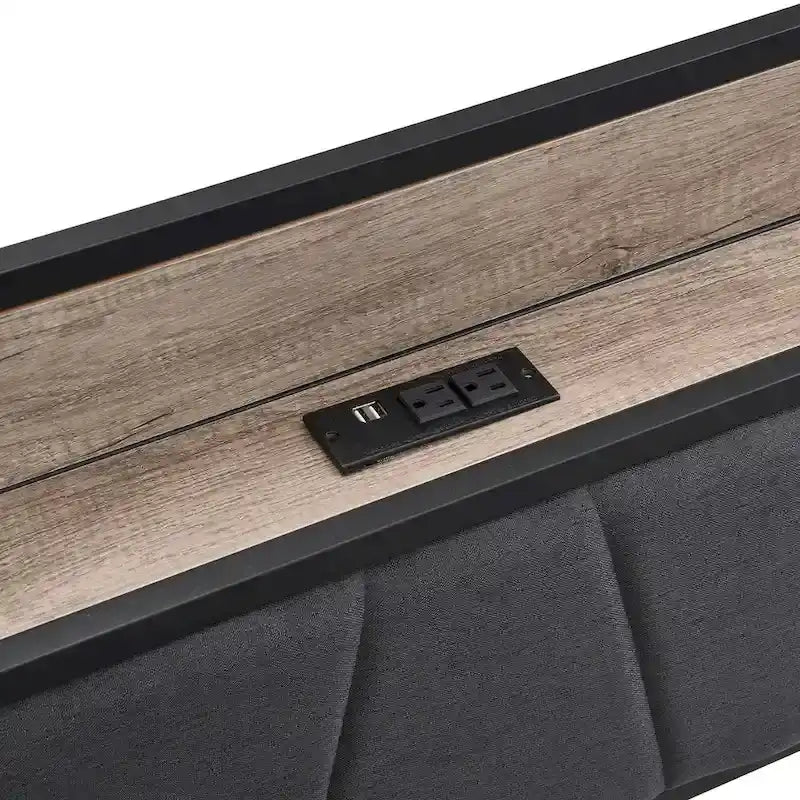 Cama metálica negra y gris de tamaño completo con cabecero tapizado con almacenamiento y USB