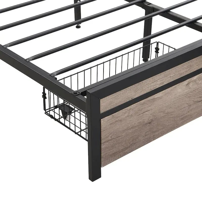Cama metálica negra y gris de tamaño completo con cabecero tapizado con almacenamiento y USB