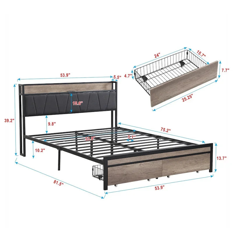 Cama metálica negra y gris de tamaño completo con cabecero tapizado con almacenamiento y USB