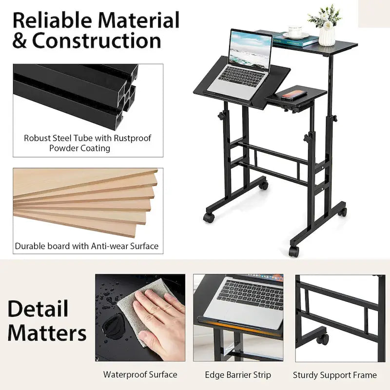 Bureau mobile réglable pour travailler debout, bureau informatique inclinable