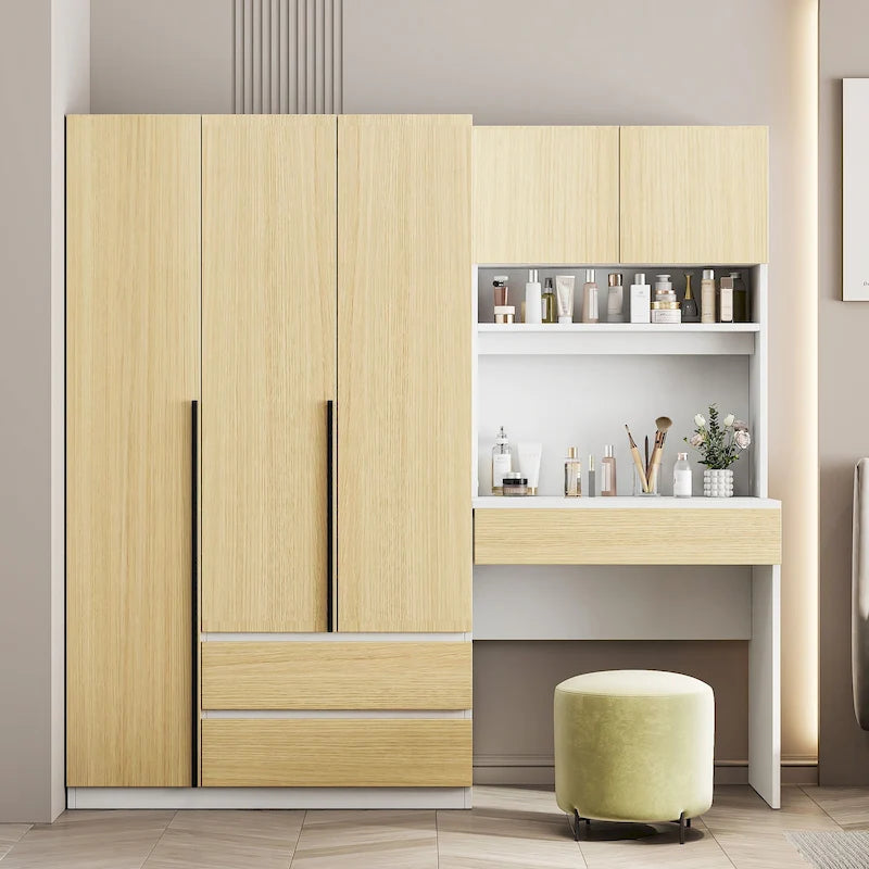 Kleiderschrank mit 3 Holztüren fürs Schlafzimmer, Regalen und 3 Schubladen