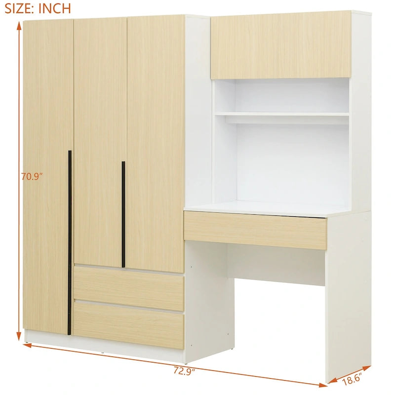 Kleiderschrank mit 3 Holztüren fürs Schlafzimmer, Regalen und 3 Schubladen