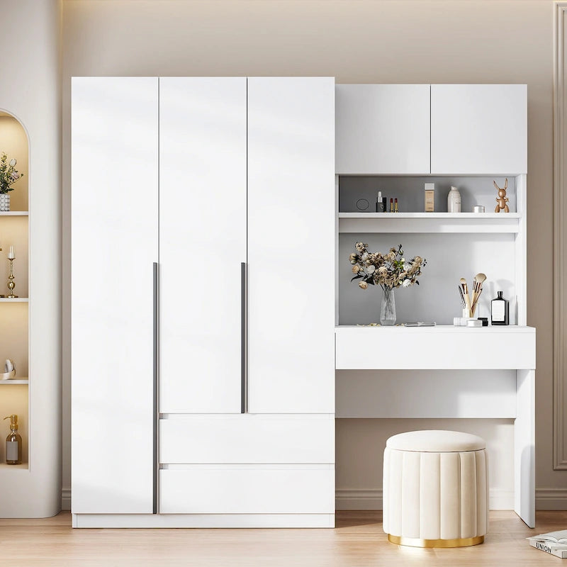 Kleiderschrank mit 3 Holztüren fürs Schlafzimmer, Regalen und 3 Schubladen