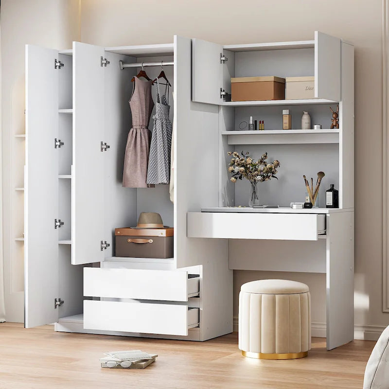 Kleiderschrank mit 3 Holztüren fürs Schlafzimmer, Regalen und 3 Schubladen