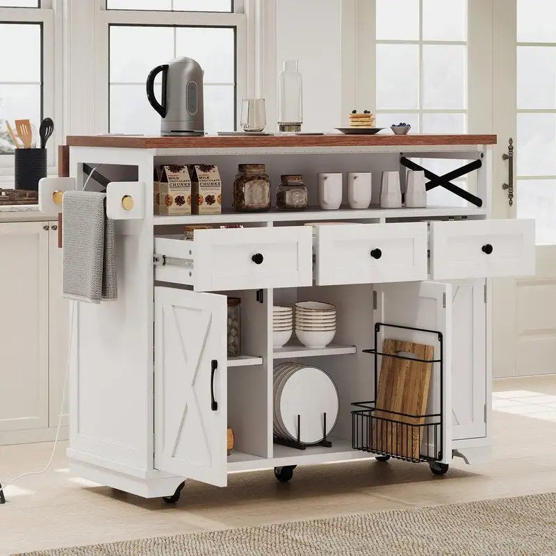 Isla de cocina estilo rústico de 46.5 con toma de corriente, carrito de cocina con ruedas y ala abatible