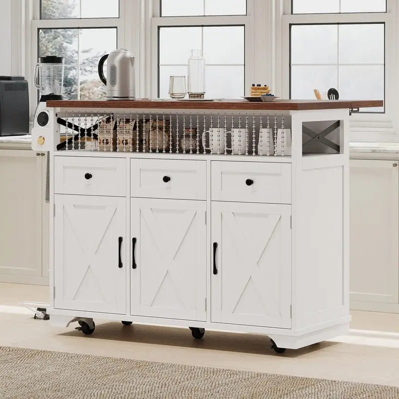 Isla de cocina estilo rústico de 46.5 con toma de corriente, carrito de cocina con ruedas y ala abatible