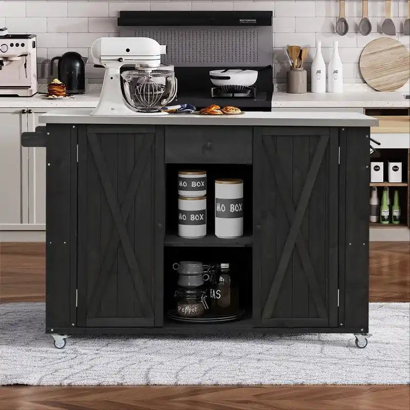Îlot de cuisine d’extérieur de 52.25 avec plateau en acier inoxydable, vaste espace de rangement, porte-serviettes, porte-épices et décapsuleur