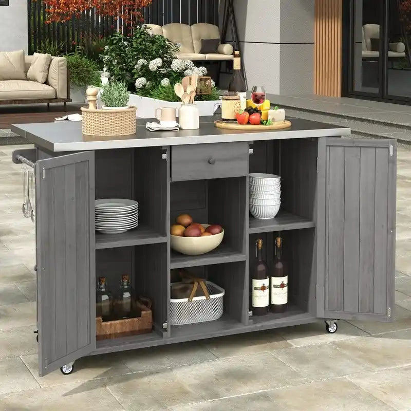 Îlot de cuisine d’extérieur de 52.25 avec plateau en acier inoxydable, vaste espace de rangement, porte-serviettes, porte-épices et décapsuleur
