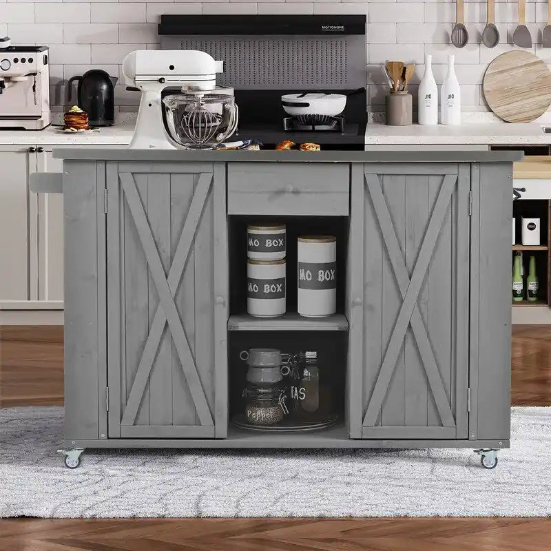 Îlot de cuisine d’extérieur de 52.25 avec plateau en acier inoxydable, vaste espace de rangement, porte-serviettes, porte-épices et décapsuleur