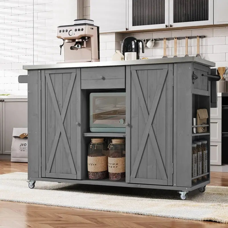Îlot de cuisine d’extérieur de 52.25 avec plateau en acier inoxydable, vaste espace de rangement, porte-serviettes, porte-épices et décapsuleur