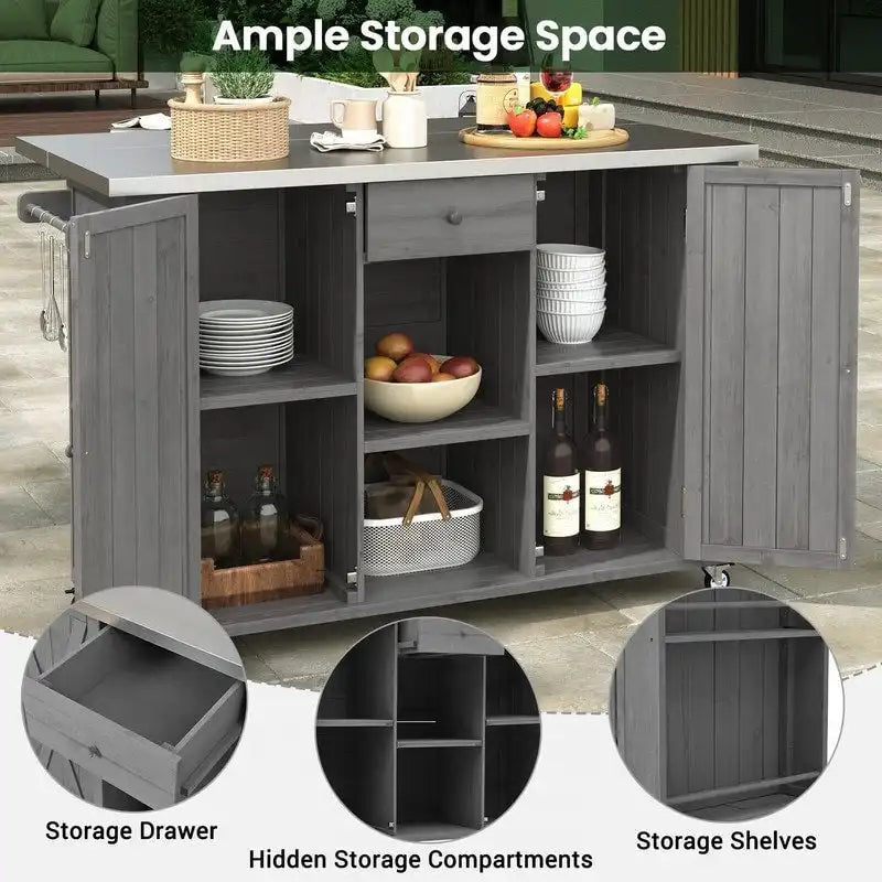 Îlot de cuisine d’extérieur de 52.25 avec plateau en acier inoxydable, vaste espace de rangement, porte-serviettes, porte-épices et décapsuleur
