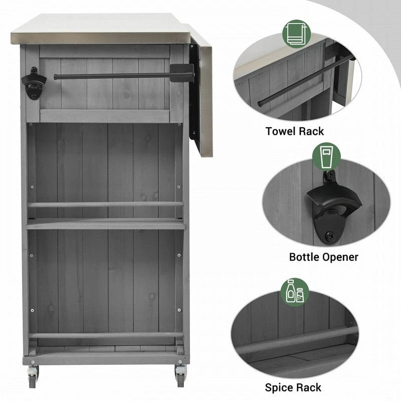 Îlot de cuisine d’extérieur de 52.25 avec plateau en acier inoxydable, vaste espace de rangement, porte-serviettes, porte-épices et décapsuleur
