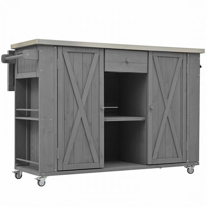 Îlot de cuisine d’extérieur de 52.25 avec plateau en acier inoxydable, vaste espace de rangement, porte-serviettes, porte-épices et décapsuleur